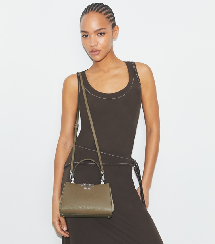 Tory Burch designer crossbody bags Mini Eleanor Pebbled Satchel in Wild Mushroom accessory on model