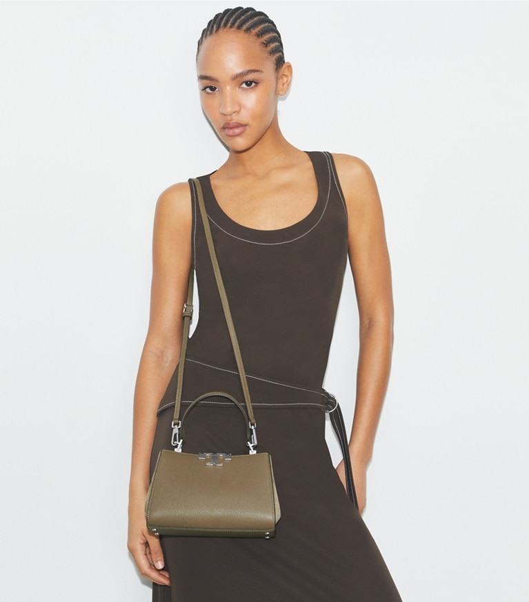 Tory Burch designer crossbody bags Mini Eleanor Pebbled Satchel in Wild Mushroom angle