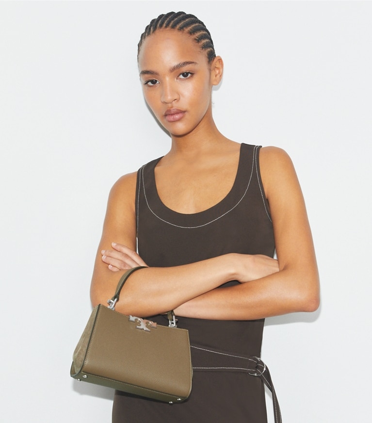 Tory Burch designer crossbody bags Mini Eleanor Pebbled Satchel in Wild Mushroom angle