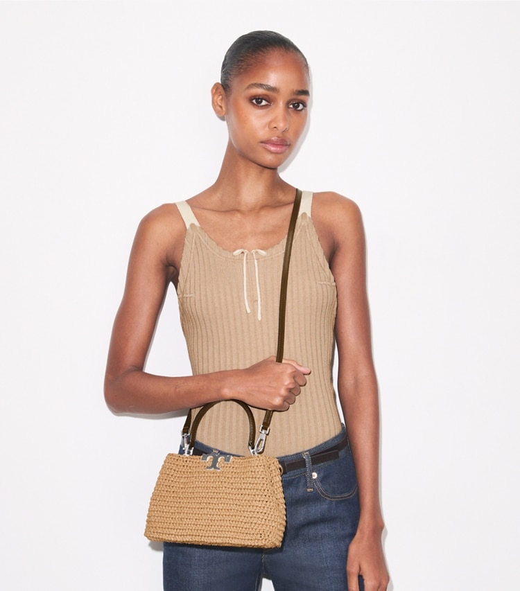 Tory Burch designer crossbody bags Mini Eleanor Raffia Satchel in Honeycomb additional on model