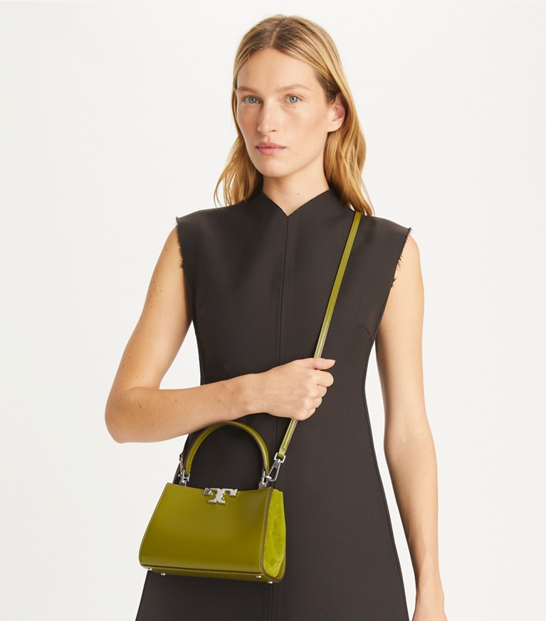 Tory Burch designer crossbody bags Mini Eleanor Satchel in Dark Matcha angle