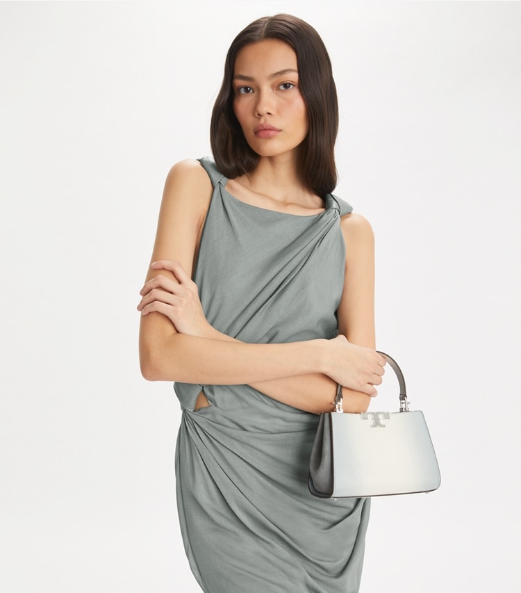 Tory Burch designer crossbody bags Mini Eleanor Snake-Embossed Satchel in Blanc additional on model