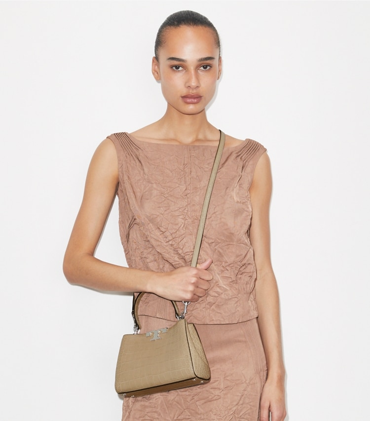 Tory Burch designer crossbody bags Mini Eleanor Soft Croc-Embossed Satchel in Ginger Leaf additional on model
