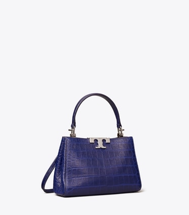 Tory Burch designer crossbody bags Mini Eleanor Soft Croc-Embossed Satchel in Ballpoint Blue angle