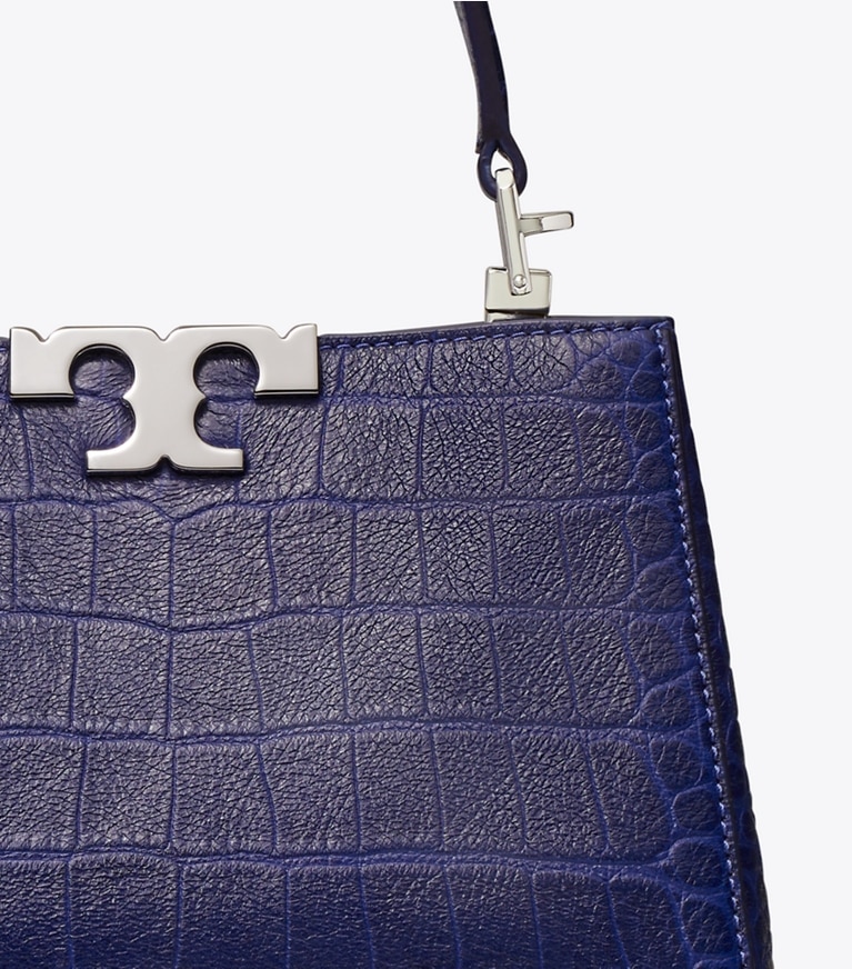Tory Burch designer crossbody bags Mini Eleanor Soft Croc-Embossed Satchel in Ballpoint Blue detail