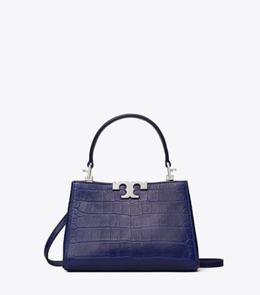 Tory Burch designer crossbody bags Mini Eleanor Soft Croc-Embossed Satchel in Ballpoint Blue front