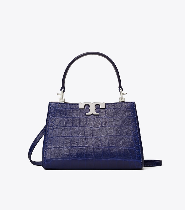 Tory Burch designer crossbody bags Mini Eleanor Soft Croc-Embossed Satchel in Ballpoint Blue front