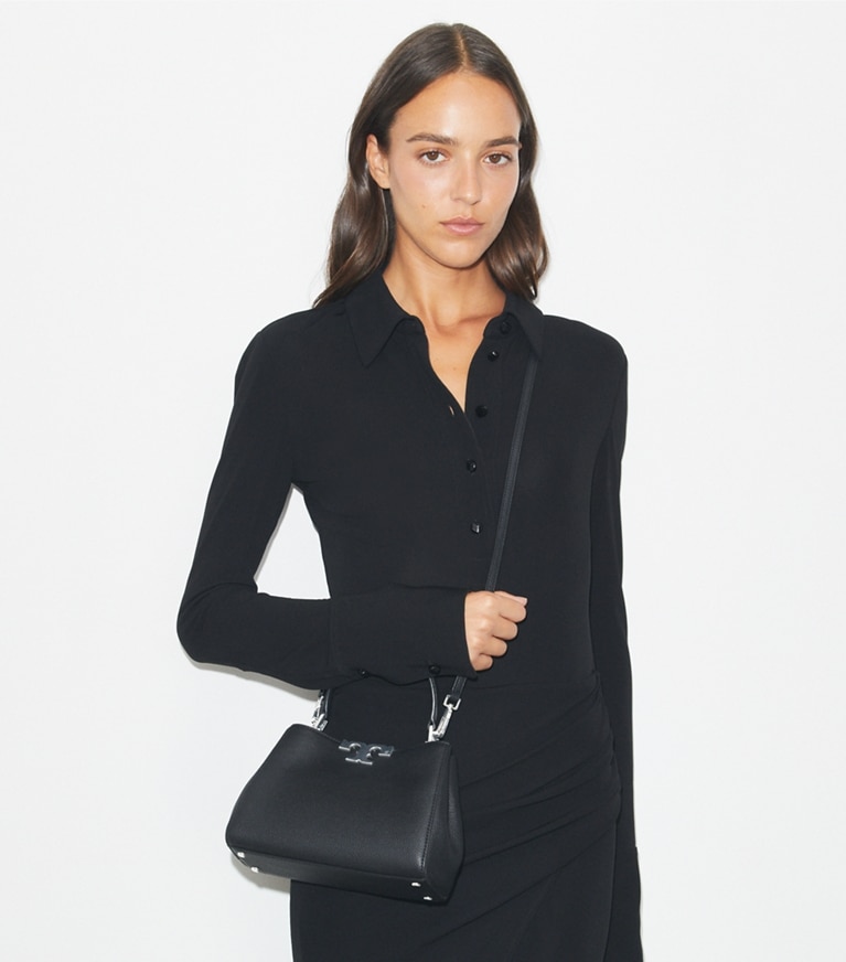 Tory Burch designer crossbody bags Mini Eleanor Soft Satchel in Black accessory on model