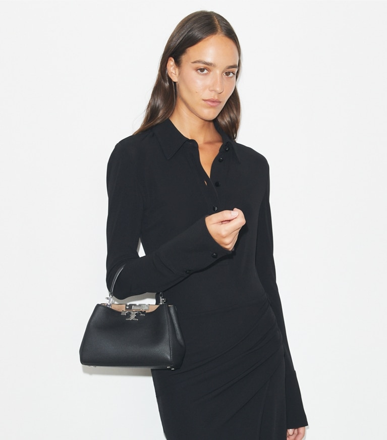 Tory Burch designer crossbody bags Mini Eleanor Soft Satchel in Black additional on model