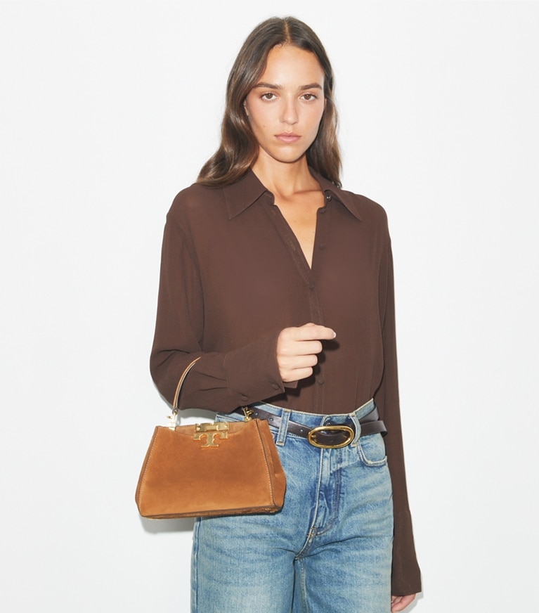 Tory Burch designer crossbody bags Mini Eleanor Suede Satchel in Park Bench angle