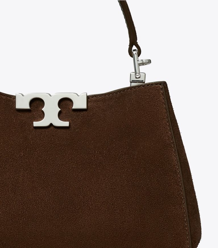 Tory Burch designer crossbody bags Mini Eleanor Suede Satchel in Dark Cocoa detail