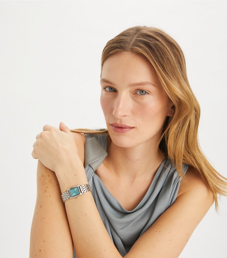 Tory Burch designer strap watches Mini Eleanor Watch in TURQUOISE/SILVER accessory on model