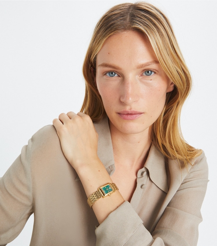 Tory Burch designer strap watches Mini Eleanor Watch in MALACHITE/GOLD accessory on model