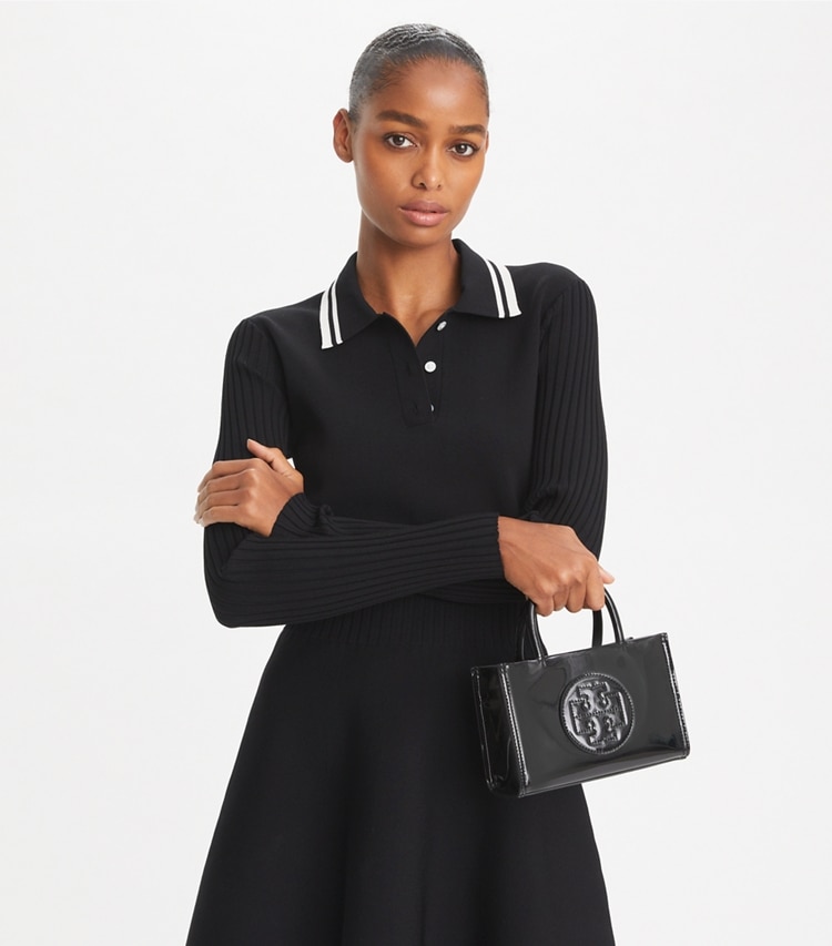 Tory Burch designer crossbody bags Mini Ella Bio Patent Tote in Black accessory on model