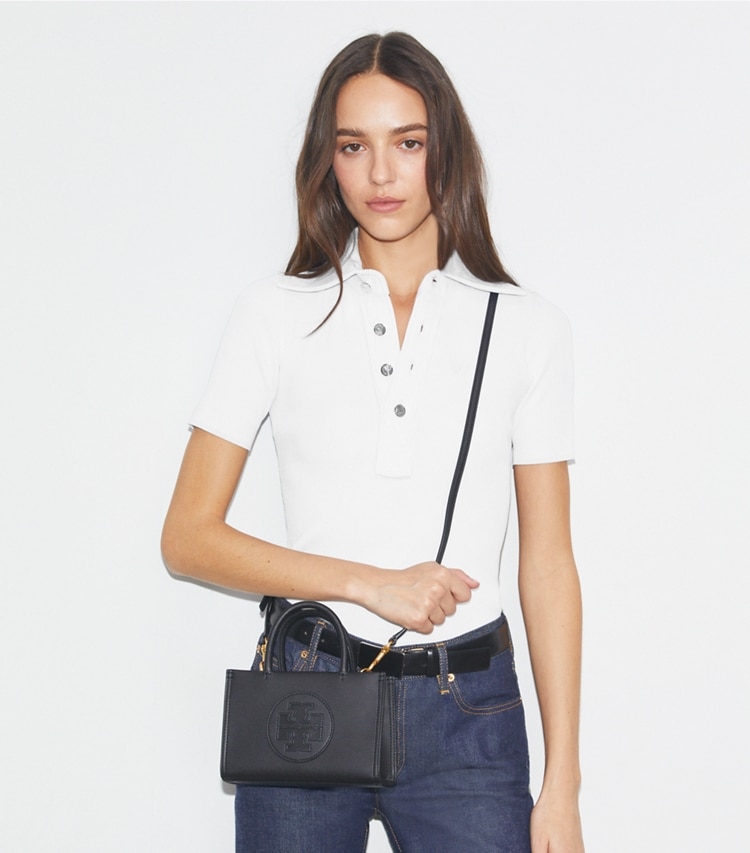 Tory Burch designer crossbody bags Mini Ella Bio Tote in Black accessory on model