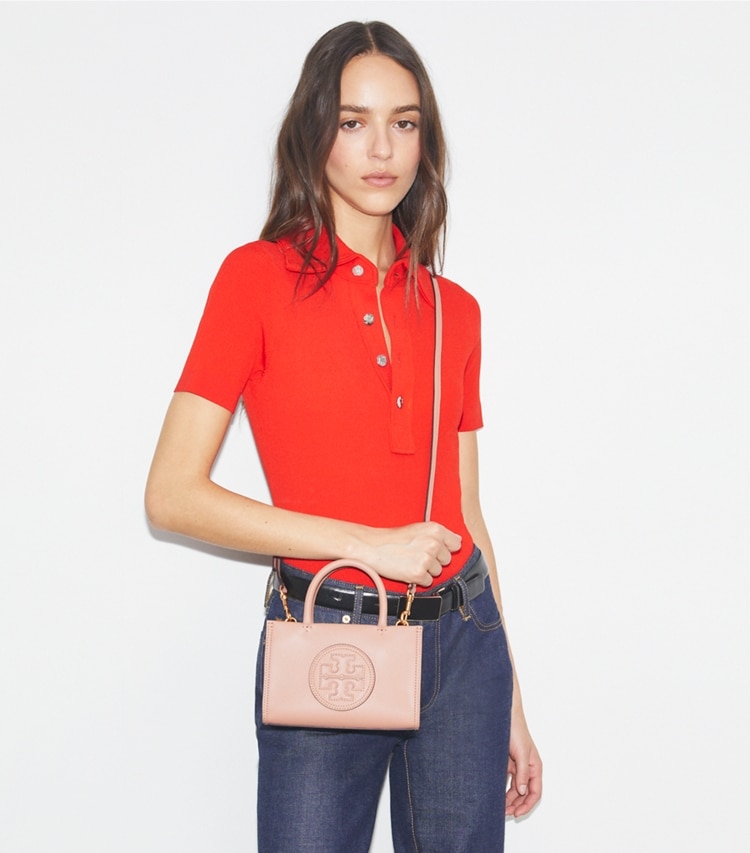 Tory Burch designer crossbody bags Mini Ella Bio Tote in Light Sand accessory on model