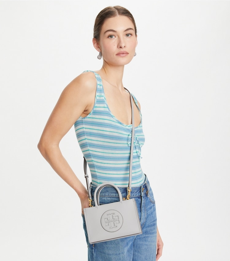 Tory Burch designer crossbody bags Mini Ella Bio Tote in Gray accessory on model