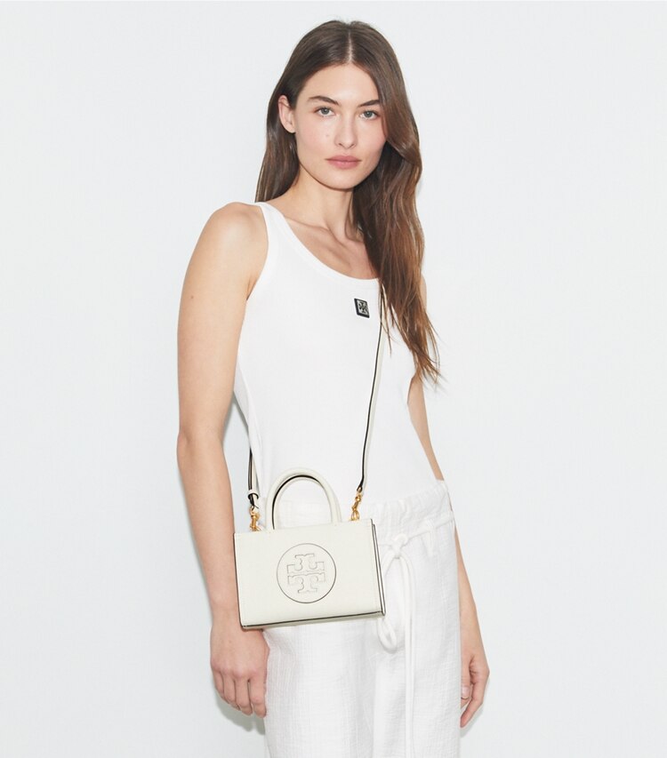 Tory Burch designer crossbody bags Mini Ella Bio Tote Bag in Warm White accessory on model