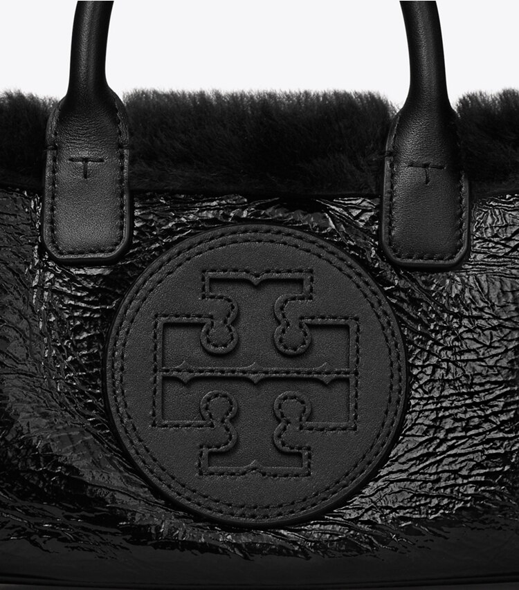 Tory Burch designer crossbody bags Mini Ella Patent Shearling Tote in Black detail