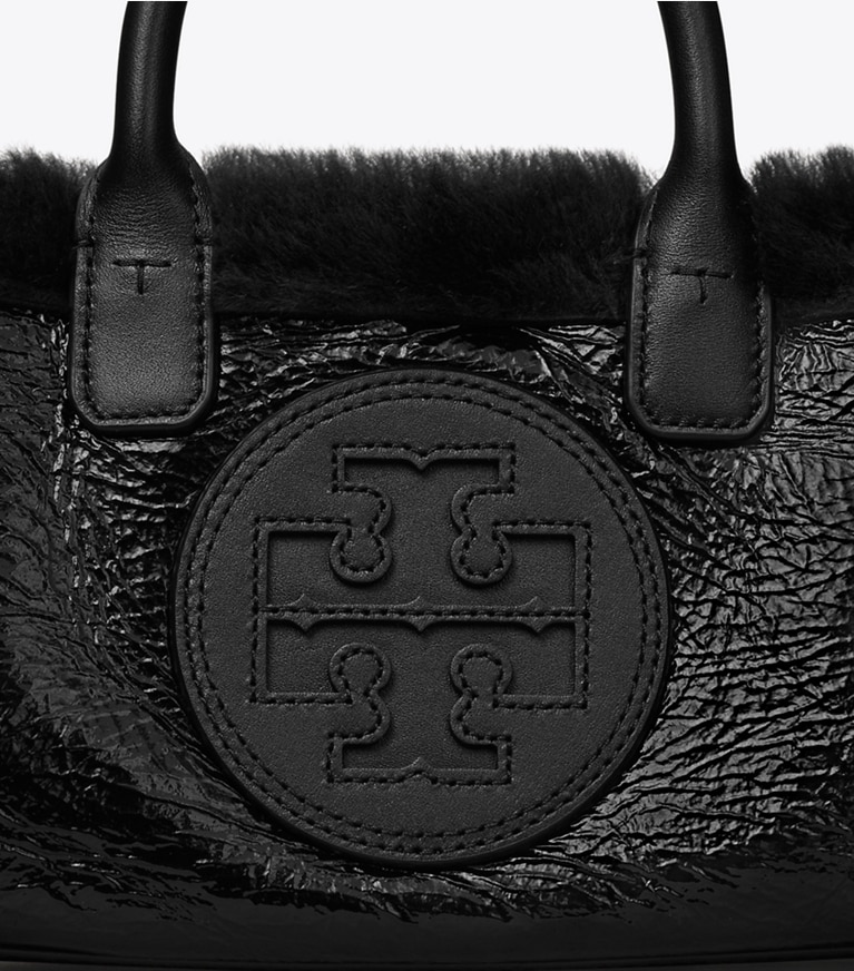 Tory Burch designer crossbody bags Mini Ella Patent Shearling Tote in Black angle