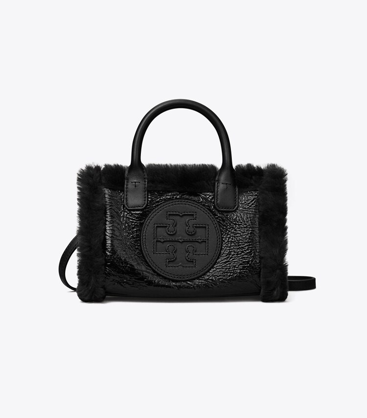 Tory Burch designer crossbody bags Mini Ella Patent Shearling Tote in Black front