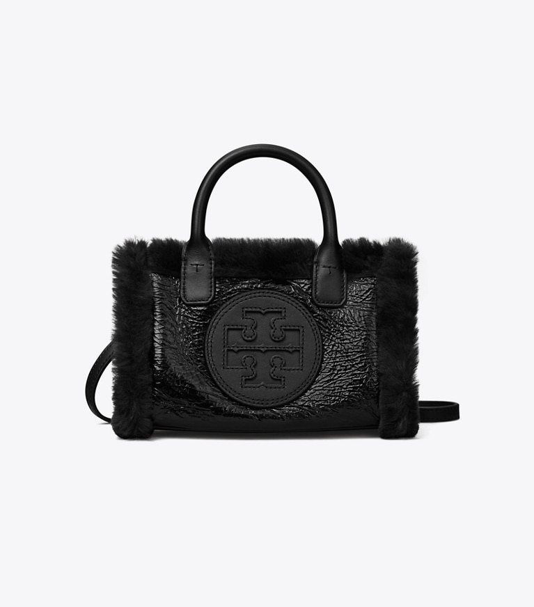 Tory Burch designer crossbody bags Mini Ella Patent Shearling Tote in Black angle