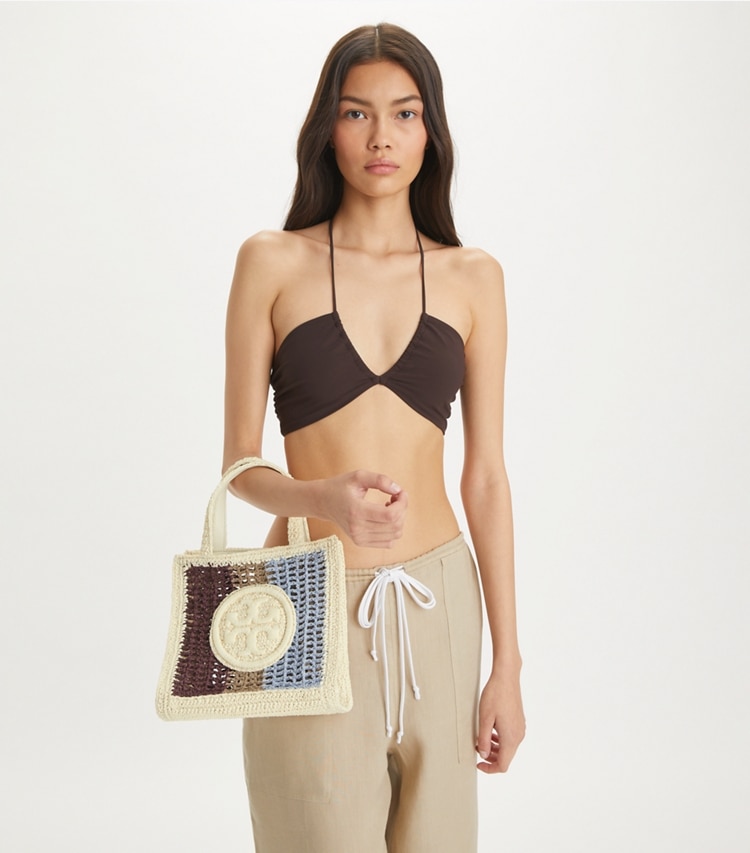 Tory Burch designer crossbody bags Mini Ella Striped Hand-Crocheted Tote in Multi accessory on model