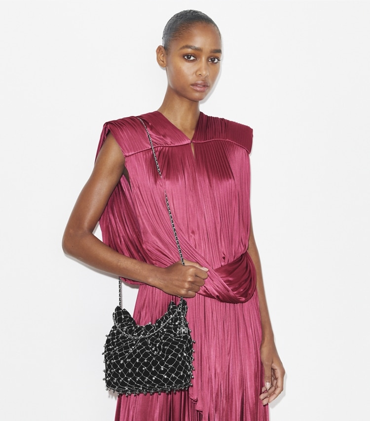 Tory Burch designer crossbody bags Mini Fleming Bell Hobo Bag in Black accessory on model