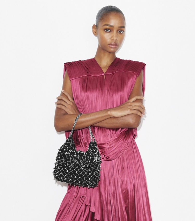 Tory Burch designer crossbody bags Mini Fleming Bell Hobo Bag in Black additional on model