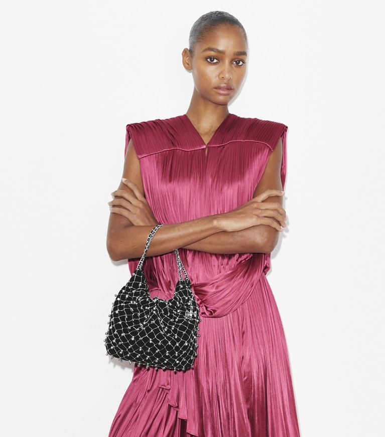 Tory Burch designer crossbody bags Mini Fleming Bell Hobo Bag in Black angle
