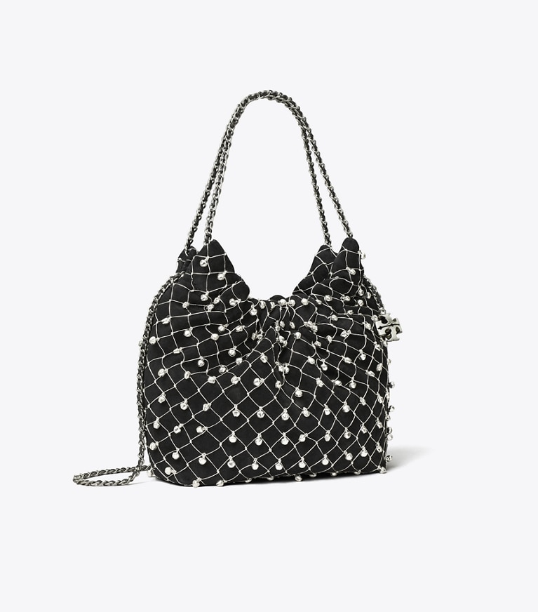 Tory Burch designer crossbody bags Mini Fleming Bell Hobo Bag in Black angle