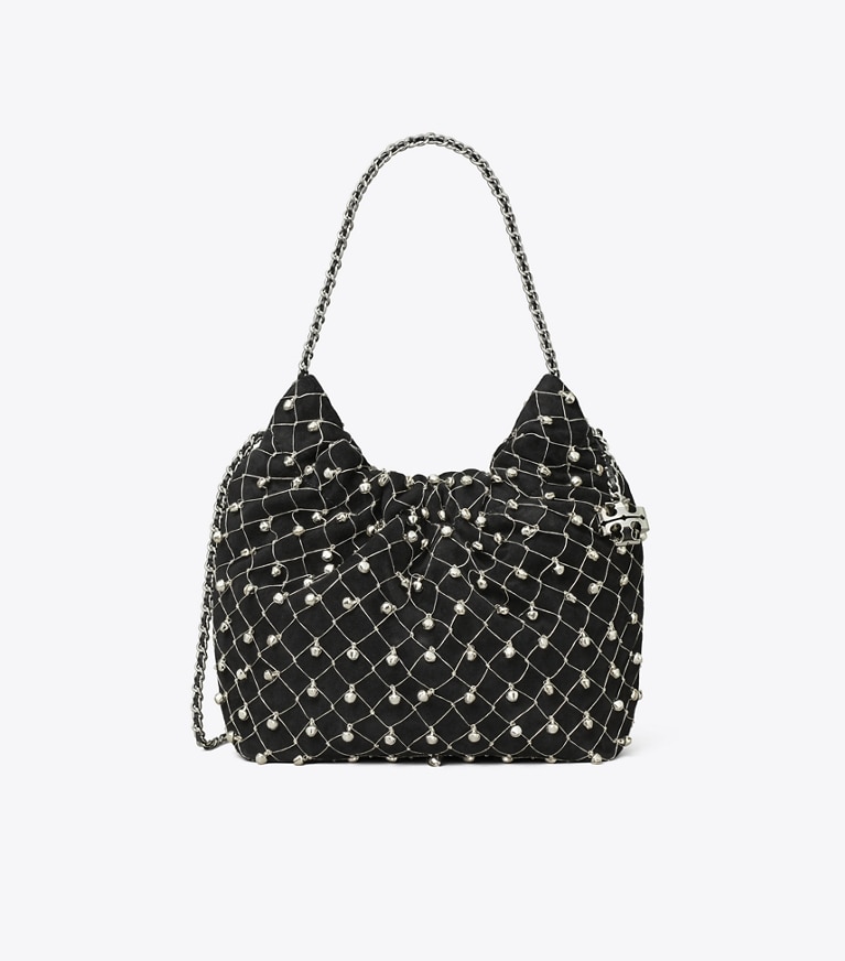 Tory Burch designer crossbody bags Mini Fleming Bell Hobo Bag in Black angle