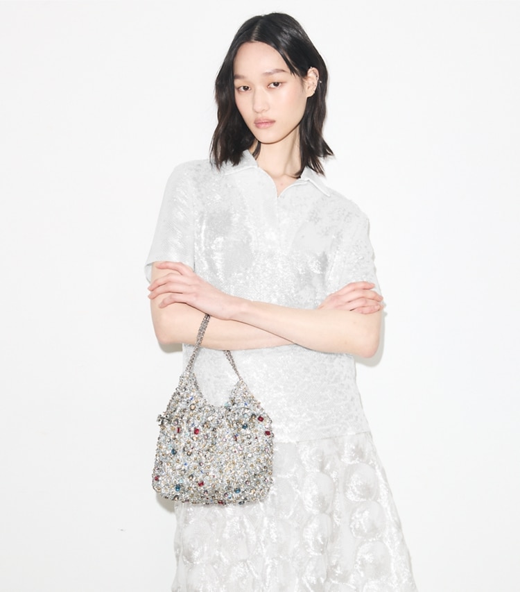 Tory Burch designer crossbody bags Mini Fleming Embellished Hobo Bag in Multi Stone accessory on model