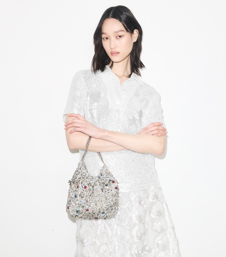 Tory Burch designer crossbody bags Mini Fleming Embellished Hobo Bag in Multi Stone accessory on model