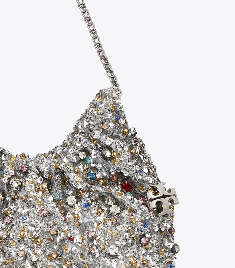 Tory Burch designer crossbody bags Mini Fleming Embellished Hobo Bag in Multi Stone detail