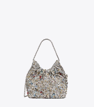 Tory Burch designer crossbody bags Mini Fleming Embellished Hobo Bag in Multi Stone front
