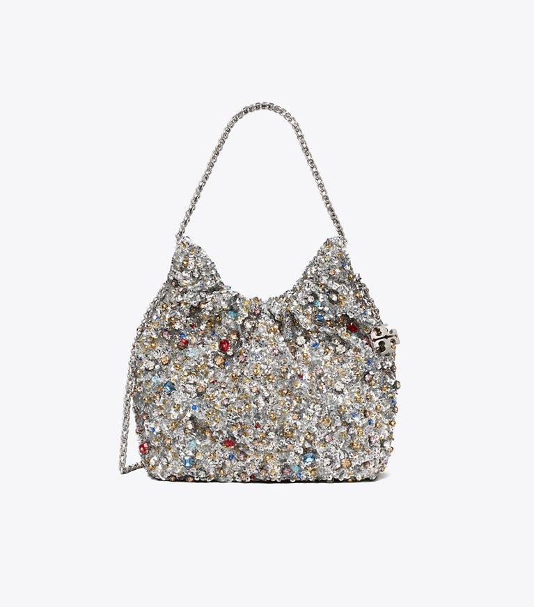 Tory Burch designer crossbody bags Mini Fleming Embellished Hobo Bag in Multi Stone front