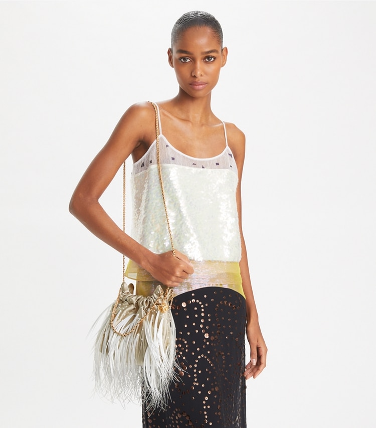 Tory Burch designer crossbody bags Mini Fleming Feather Hobo Bag in Stone accessory on model