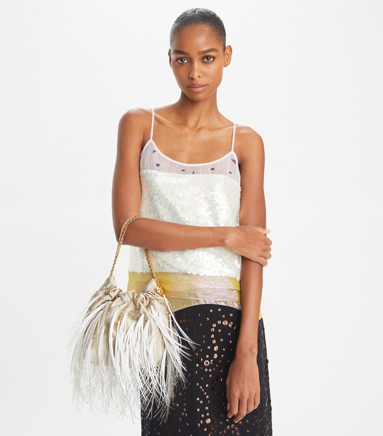 Tory Burch designer crossbody bags Mini Fleming Feather Hobo Bag in Stone additional on model