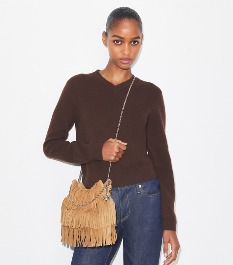 Tory Burch designer crossbody bags Mini Fleming Fringe Hobo Bag in WILD TABACCO angle