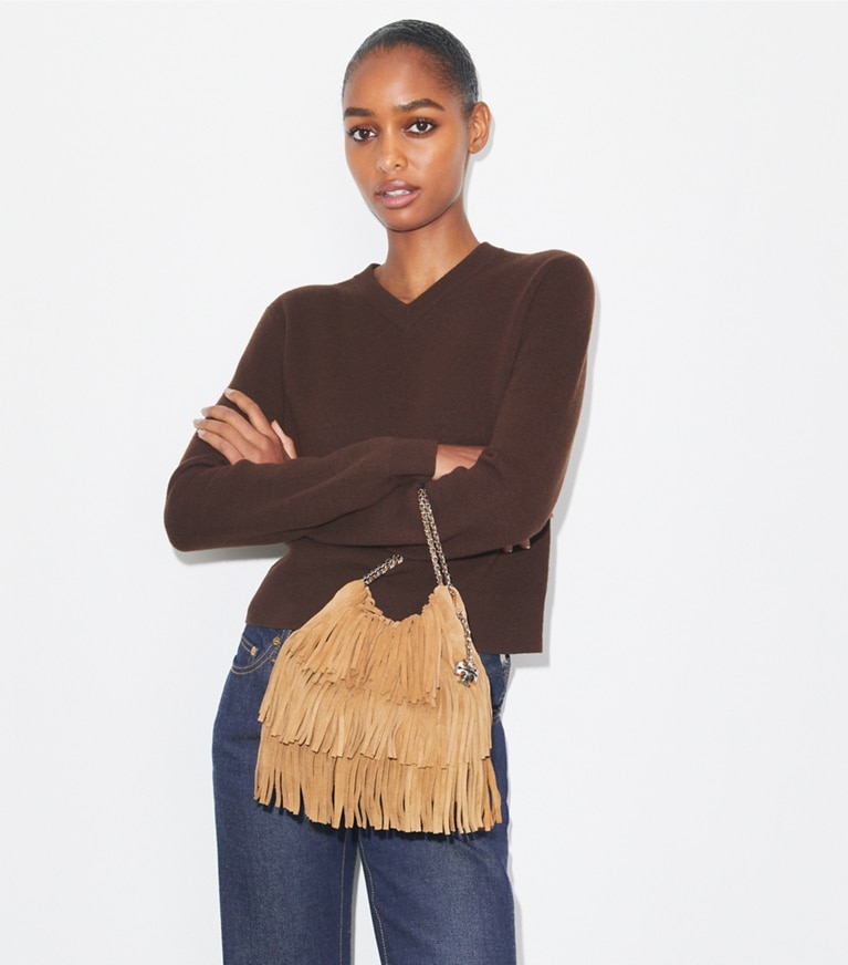 Tory Burch designer crossbody bags Mini Fleming Fringe Hobo Bag in WILD TABACCO angle