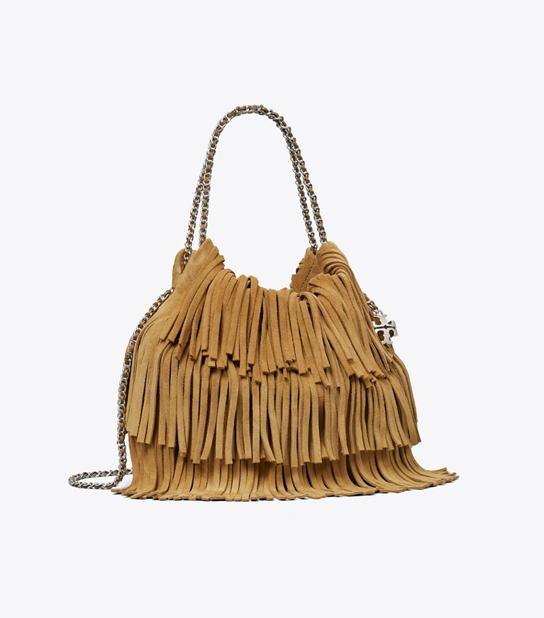 Tory Burch designer crossbody bags Mini Fleming Fringe Hobo Bag in WILD TABACCO angle