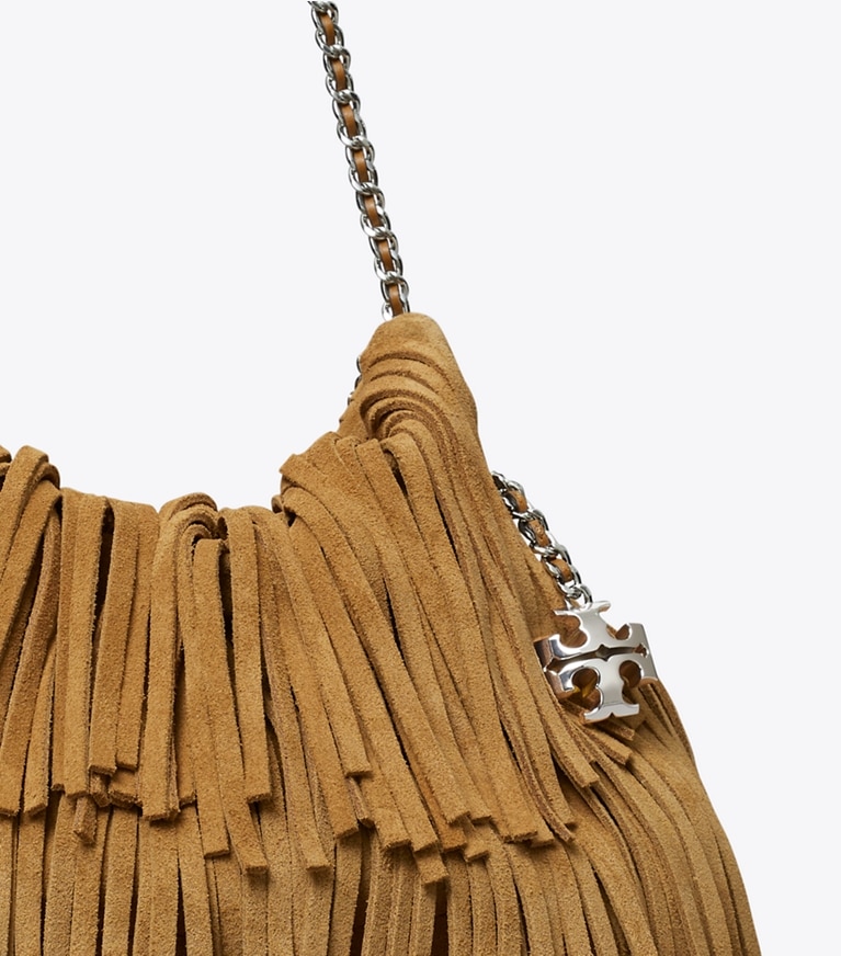 Tory Burch designer crossbody bags Mini Fleming Fringe Hobo Bag in WILD TABACCO angle