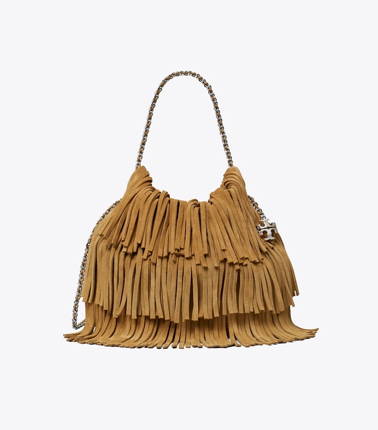 Tory Burch designer crossbody bags Mini Fleming Fringe Hobo Bag in WILD TABACCO front