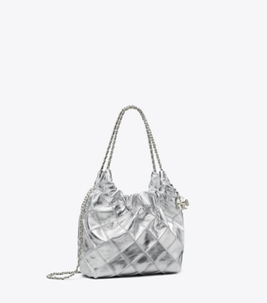 Tory Burch designer crossbody bags Mini Fleming Hobo Bag in Metallic in Silver angle