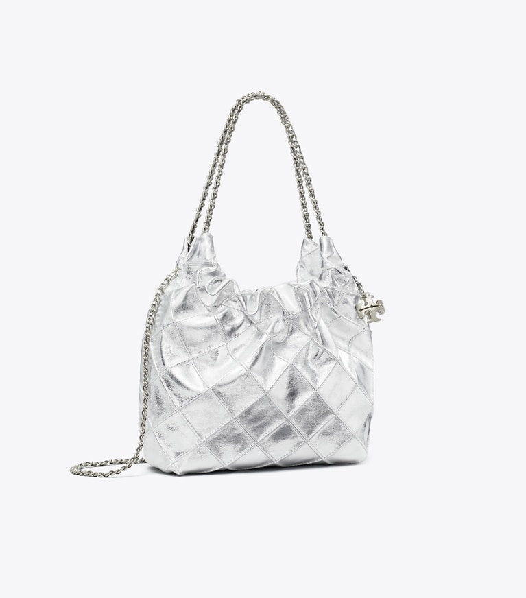 Tory Burch designer crossbody bags Mini Fleming Hobo Bag in Metallic in Silver angle