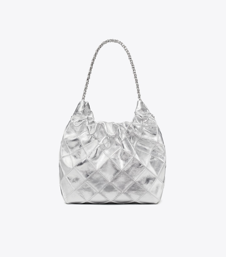 Tory Burch designer crossbody bags Mini Fleming Hobo Bag in Metallic in Silver angle