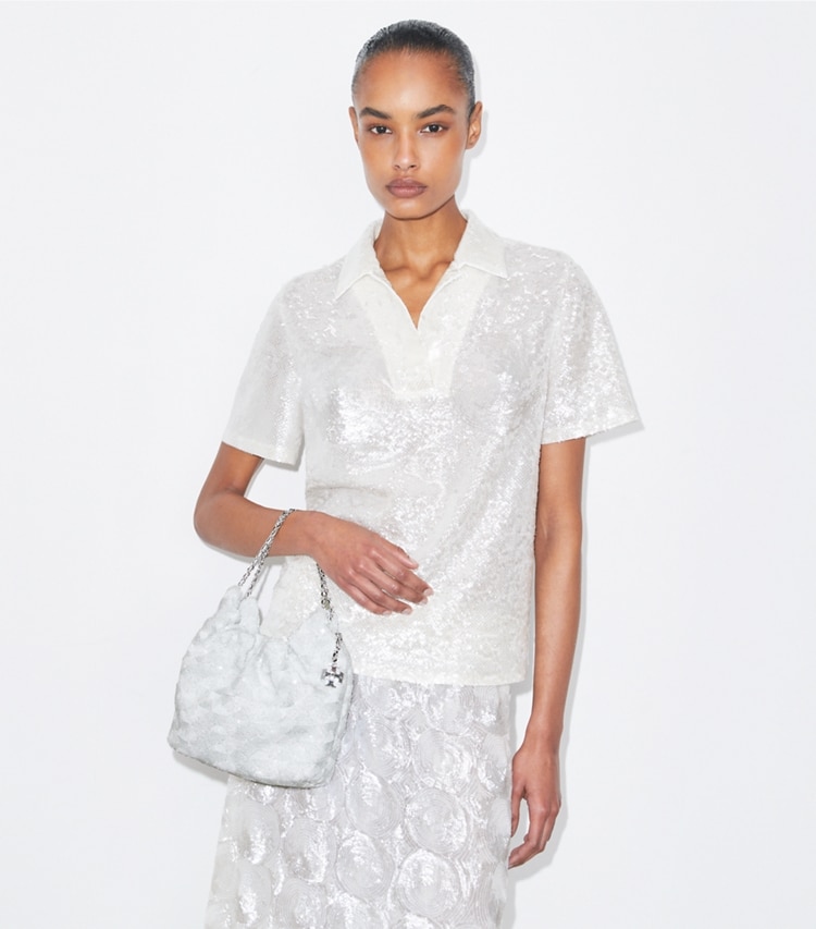 Tory Burch designer crossbody bags Mini Fleming Hobo Bag mit Pailletten in White additional on model