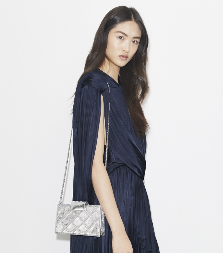 Tory Burch designer mini bags Mini Fleming Metallic Crossbody in Silver angle