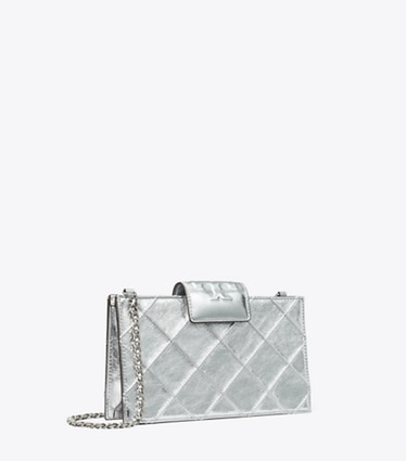 Tory Burch designer mini bags Mini Fleming Metallic Crossbody in Silver angle